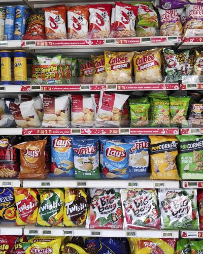 Grocery store chip aisle.