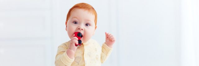 Baby chewing on a toy car
