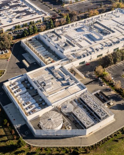 High angle, aerial view of a data center.