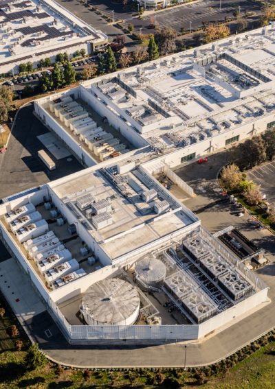 High angle, aerial view of a data center.