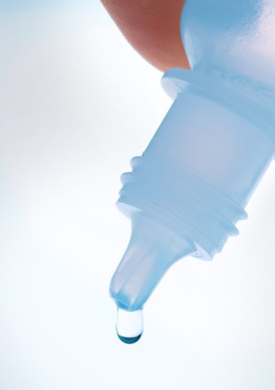 Eye drops in clear bottle