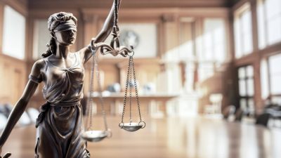 The scales of justice with a courtroom in the background