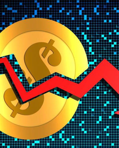 Red falling arrow cracking the gold dollar coin
