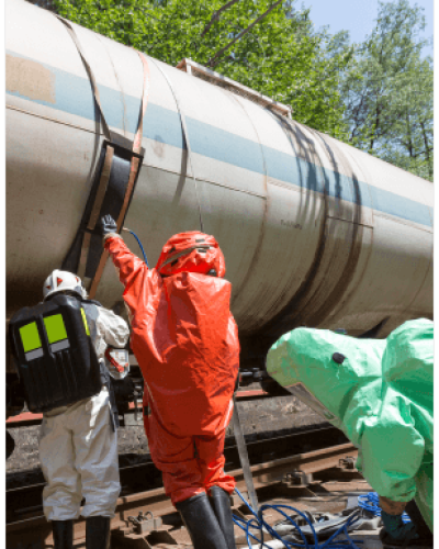 workers in hazmat suits doing maintenance on train